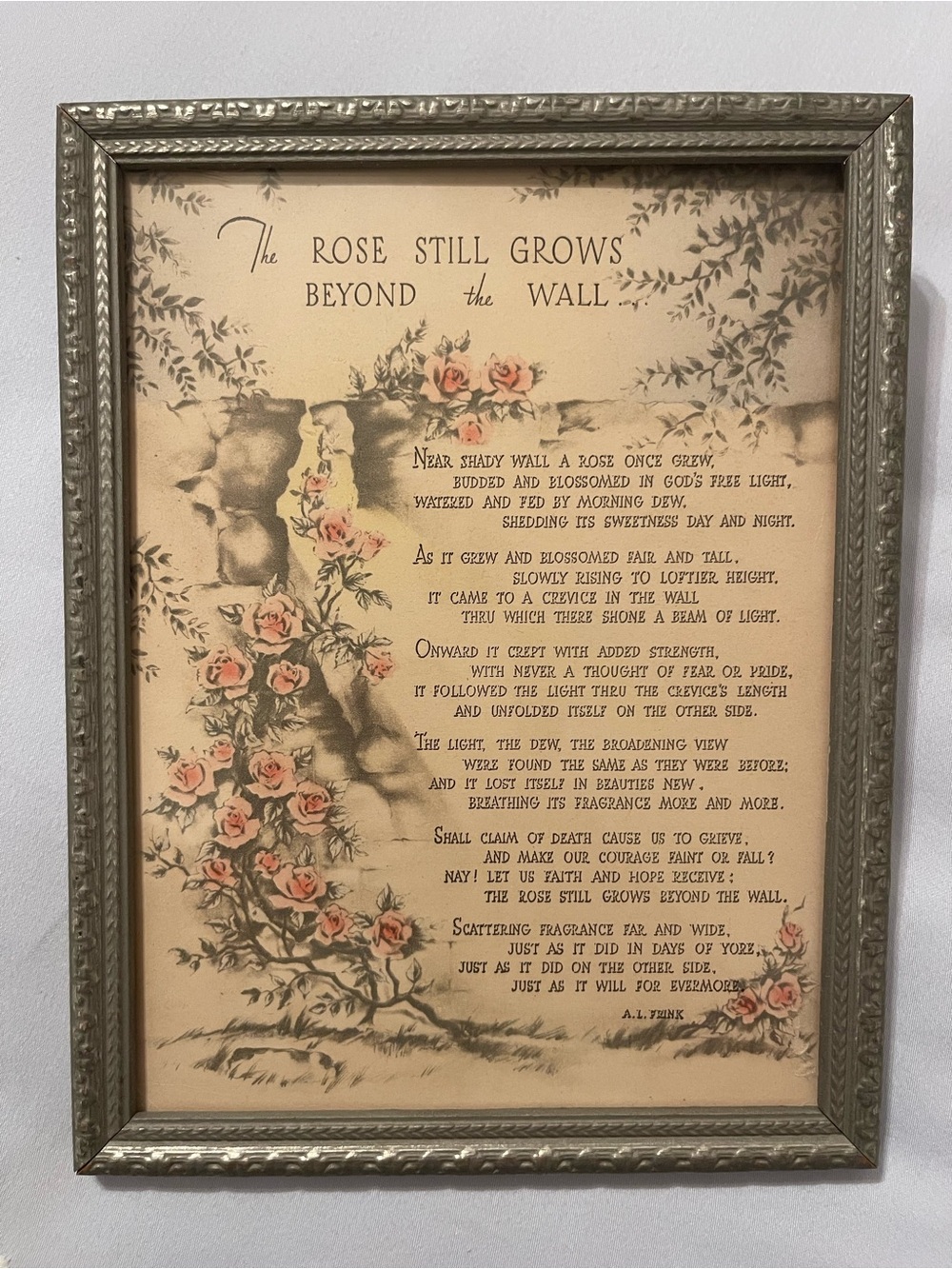 Vintage Framed Buzza Motto Print - The Rose Still Grows Beyond The Wall Poem